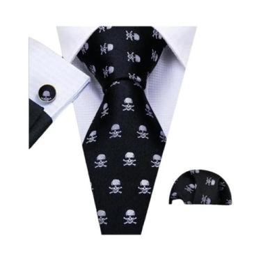 Imagem de Conjunto de Gravata e Abutões Masculinos - Seda Jacquard Preto, Branco