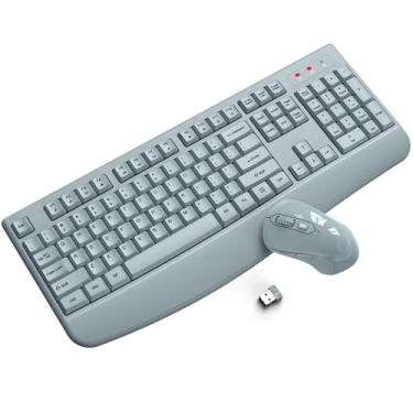 Imagem de Combo de teclado e mouse sem fio, teclado ergonômico ULSOU 2,4 G de tamanho completo com descanso de pulso e mouse sem fio ajustável de 3 níveis DPI para Windows, Mac OS, desktop/PC (cinza)