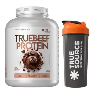 Imagem de Beef Protein (1810g) - True Source Sabor:Chocolate Dream + Coqueteleira Preta com Laranja (600ml)