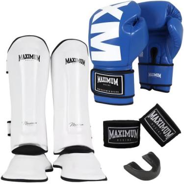 Imagem de Kit Luva Muay Thai Mxm Blue + Caneleira Muay Thai Classic White + Band