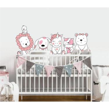 Imagem de Adesivo De Parede Cabeceira Animais Zoo Rosa