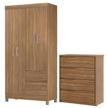 Imagem de Kit Guarda Roupa Solteiro 4 Portas Lótus Cômoda Atria Amêndola Touch