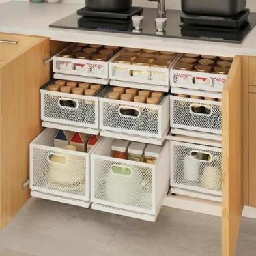 Imagem de Organizador de armário removível L 24 cm x P 40 cm x A 21 cm cesta deslizante de aço sem broca com trilhos adesivos para cozinha, armário, armazenamento de despensa