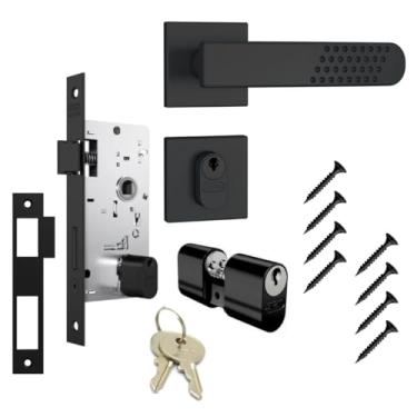 Imagem de Kit 1 Fechadura Completa Stam Preta Porta Madeira Externa 803/21 Maçaneta Cilindro Roseta Quadrada Contra Testa Parafusos