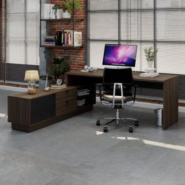 Imagem de Escrivaninha Para Escritório Em L Executiva 200x180cm Com Balcão Cayman Yescasa Terracota/preto Trama