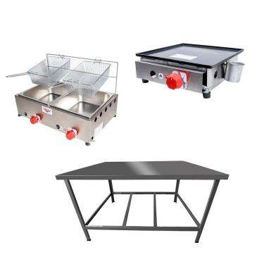 Imagem de Kit Lanchonete Mesa De Manipulação 100x55cm + Fritadeira A Gás 2 Cuba + Chapa A Gás 30cm Alcamar