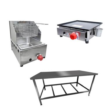 Imagem de Kit Lanchonete Mesa De Manipulação 120x55cm + Fritadeira A Gás 1 Cuba + Chapa A Gás 30cm Alcamar