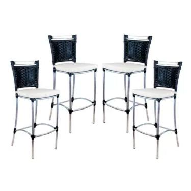 Imagem de Kit 4 Banquetas Alta JK Para Cozinha Alumínio Assento Couro Náutico Tecido Acquablock Preto Trama Original