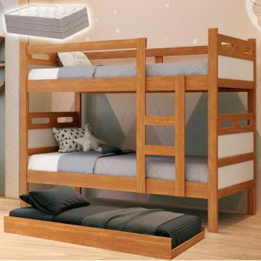 Imagem de Beliche com Cama Auxiliar e 3 Colchões D33, Solteiro, 156 x 94 x 204 cm, Multifuncional, Vira Duas Camas, Ideal Para Rancho, Pousada e Airbnb (Nature/OffWhite)