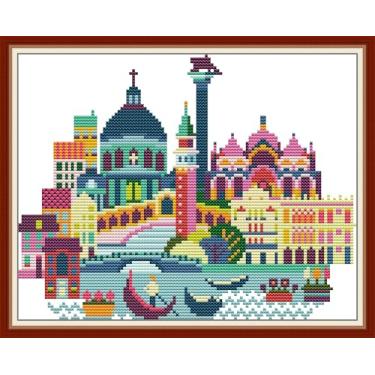 Imagem de Benway Kit de ponto cruz pré-impresso estampado de 11 CT, kit de bordado, kit de bordado, decoração de parede, presente DIY para amigo colega de trabalho, paisagem urbana-Veneza 36 × 27 cm, 14,17" x