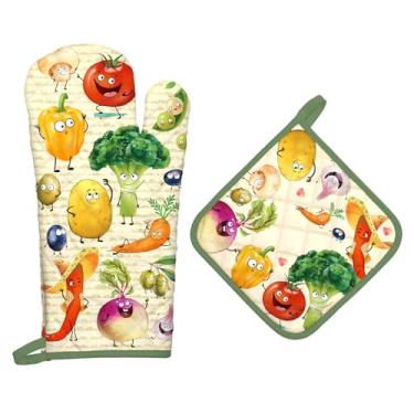 Imagem de Arquiel Conjuntos de luvas de forno e suportes de panela para vegetais, 2 peças, 100% algodão, resistentes ao calor, luvas de forno extralongas para cozinha, cozinha, decoração de panificação