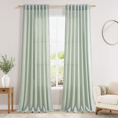Imagem de Cortinas de linho verde-aqua extralongas 300 cm para sala de estar, conjunto com 2 painéis, bolso para varão, filtro de luz, semitransparente, cortinas de janela de linho, privacidade, cortinas de