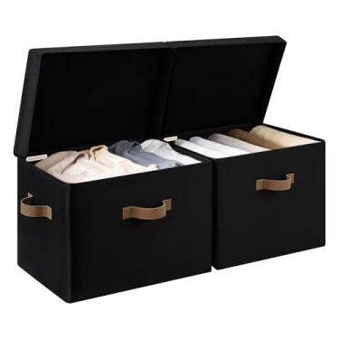 Imagem de StorageWorks Caixas de armazenamento de tecido com tampa, caixas de armazenamento decorativas para prateleiras, cesta organizadora de armário empilhável com alças, jumbo, preto, pacote com 2