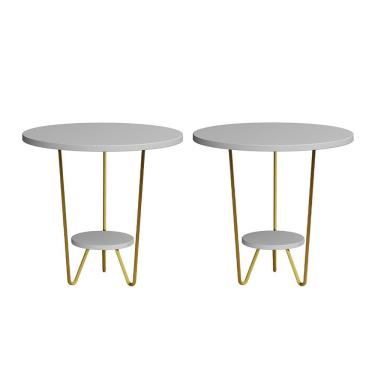 Imagem de Kit 2 Mesas Laterais Redonda Industrial Italy Ferro Dourado E Tampo Branco