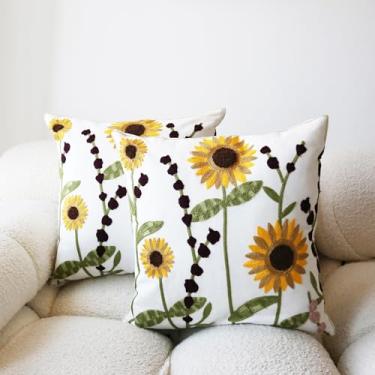 Imagem de Leebright Capa de almofada de girassol Boho bordada para sofá sofá flores amarelas capas de travesseiro boêmio algodão linho folhas de plantas botânicas 2 peças capas de fronha 45 x 45 cm