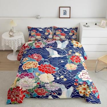 Imagem de jejeloiu Conjunto de edredom de guindaste japonês, tamanho Queen, estilo oriental asiático, retrô, para decoração de quarto de meninas e mulheres, conjunto de cama de onda, oceano Ukiyo-E, 3 peças