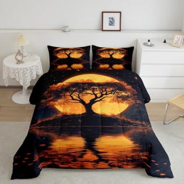 Imagem de Manfei Conjunto de edredom Queen com árvore da vida, lua dourada e céu estrelado com glitter, 3 peças, para adolescentes e adultos, cenário de natureza misteriosa, edredom de plumas, 2 fronhas