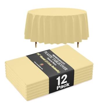Imagem de Exquisite Toalha de mesa redonda amarela clara premium 66% mais grossa, pacote com 12, toalha de mesa de plástico redonda de 203 cm, não rasga facilmente como marcas finas baratas