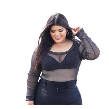 Imagem de Body Plus Size Tule Manga Longa Transparência Bt2 - DONNA MOÇA, Preto,