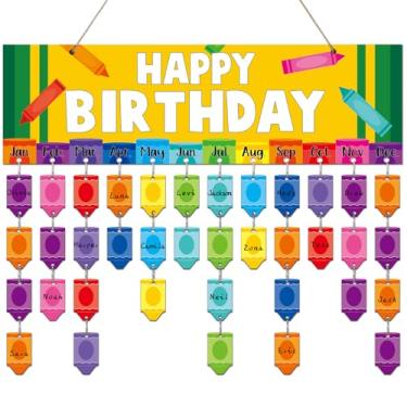 Imagem de Crayon Calendário de aniversário para pendurar na parede (40,6 x 12,7 cm) Quadro de calendário colorido DIY com 100 peças de placa de madeira para sala de aula, escritório, quadro de avisos