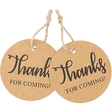 Imagem de 100 peças de etiquetas de agradecimento por ter vindo, etiquetas de papel kraft com cordão, etiquetas redondas de lembranças marrons, etiquetas de presente personalizadas para chá de bebê, chá de panela, casamento, festa e embrulho de presente