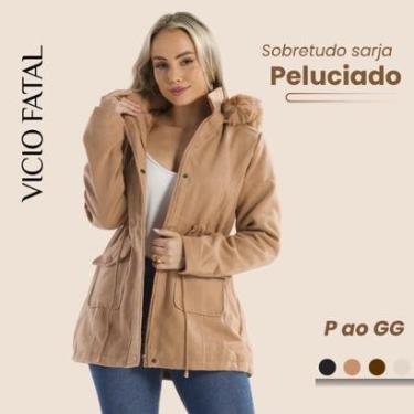 Imagem de Casaco Feminino Sobretudo Lã Batida Forro Peluciado com Capuz Removível-Feminino