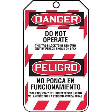 Imagem de Accuform Signs TSP101CTP Etiqueta de bloqueio bilíngue espanhol, Legend "DANGER DO NOT OPERATE/ PELIGRO NO PONGA EN FUNCIONAMIENTO", 14,6 cm de comprimento x 8,2 cm de largura x 0,00 cm de espessura, PF-Cardstock, vermelho/preto sobre branco (pacote com 25)