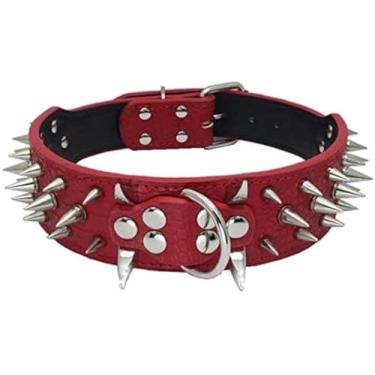 Imagem de Izefia Coleira para cães afiada cravejada luxuosa de couro acolchoado para cães médios e grandes – Colar antimordida de 5 cm de largura (G, vermelho-SV)
