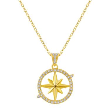 Imagem de X9H8N9 Colar Stray com pingente de bússola inspirado em zircônia cúbica banhado a ouro 18 K para presente de fãs, One Size, Latão Zircônia cúbica Ouro, Zircônia cúbica