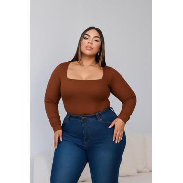 Imagem de Body Plus Size Liza Manga Longa decote quadrado Blogueiras - Genérica,