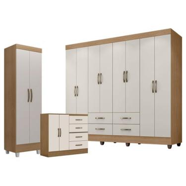 Imagem de Guarda Roupa Casal Porto Com Cômoda 4 Gavetas 2 Portas E Armário Multiuso Lite Nature Off White - Leão
