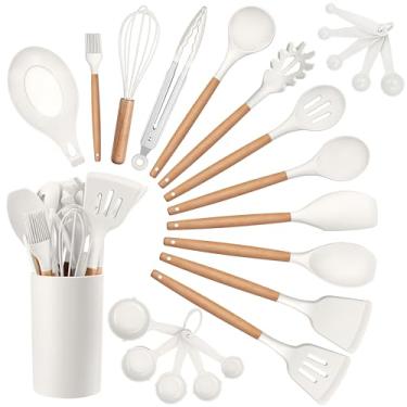Imagem de HaWare Conjunto de utensílios de cozinha, conjunto de espátula de silicone de 23 peças com suporte, cabo de madeira resistente ao calor, utensílio de cozinha para panelas antiaderentes, conjuntos de