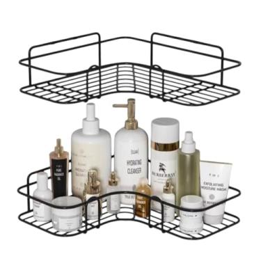 Imagem de Prateleira de Canto para Banheiro, Kit 2 Suportes Adesivos de Parede, Organizador para Shampoo e Sabonete, Preto