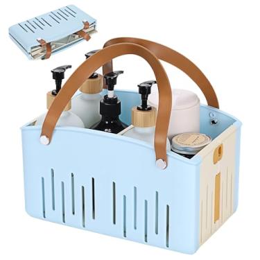 Imagem de Homiton Cesto de chuveiro portátil dobrável de plástico com alças divisórias removíveis, organizador de armazenamento para banheiro, dormitório universitário (azul)