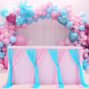 Imagem de Saia de mesa rosa e branca, tule, toalha de mesa tutu, capa para chá de bebê, festa de aniversário, sobremesas, buffet, decorações de banquete, azul e rosa, 14 pés, 427 x 78 cm