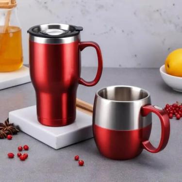 Imagem de Caneca Térmica Parede Dupla em Aço Inox Vermelha 850ml com Tampa Rosqueável - Estilo Texturizado