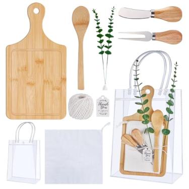 Imagem de Prêmios de chá de bebê para vencedores de jogos 1 conjunto de tábua de queijo de bambu colher garfo espalhadores de manteiga toalha xadrez cartão de agradecimento e sacos de presente para chá de bebê