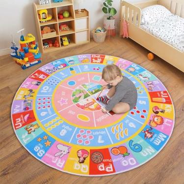 Imagem de OHDS Tapetes infantis para sala de jogos – Tapete educativo redondo macio e antiderrapante de 1,8 x 1,8 m para aprender o alfabeto ABC, números, formas e estações, tapete lavável de sala de aula para