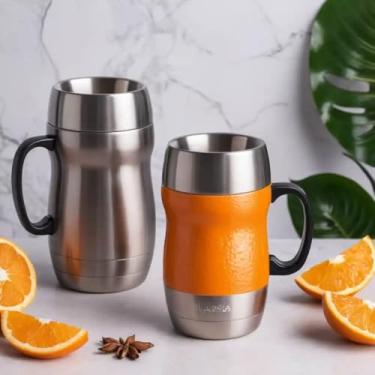 Imagem de Caneca Térmica Parede Dupla em Aço Inox Laranja 350ml com Tampa Rosqueável - Estilo Texturizado