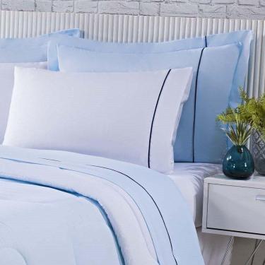 Imagem de Kit Edredom 100% Algodão Percal 150 Fios Dupla Face Queen + Jogo De Cama 7 Peças - Azul-branco