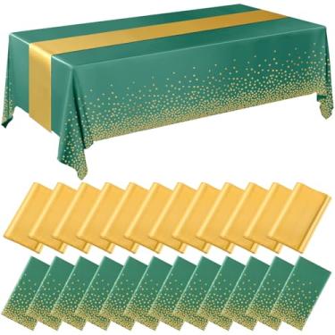 Imagem de Breling Pacote com 24 toalhas de mesa descartáveis verdes e douradas e conjunto de caminho de mesa de cetim, 137 x 272 cm, caminhos de mesa de 30 x 272 cm para casamento, formatura, aniversário, chá
