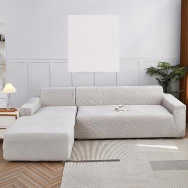 Imagem de KAIJIE Capa de sofá elástica de tecido macio que não irrita a pele, em forma de L, para sala de estar, antiderrapante, protetor de móveis para cães (2 capas de assento, cinza claro) 3 + 3 lugares