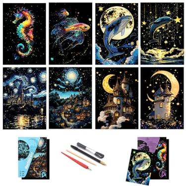 Imagem de DESINIK Papel de pintura de arranhões arco-íris, 8 folhas de papel de arranhar arco-íris que brilha no escuro com 4 ferramentas e caneta de madeira, artesanato que brilha no escuro faça você mesmo