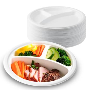 Imagem de MAQUITA Pratos de papel com 3 compartimentos, 100 unidades, 25 cm, bandejas de almoço divididas descartáveis resistentes, pratos seccionais de bagaço para buffet, festas, eventos e uso diário
