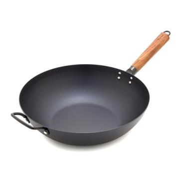 Imagem de GreenPan Wok de aço carbono de 30 cm, fundo plano, frigideira durável, pátina antiaderente pré-temperada, alta retenção de calor, indução, cabo de madeira de freixo, Kyoto, preto