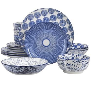 Imagem de Elama Aurora Conjunto de louça gráfico azul porcelana com design sortido de 16 peças, utensílios de mesa, utensílios de cozinha, conjunto de louça (16 peças)