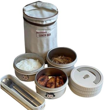 Imagem de Jogo de Marmitas Térmica com 3 Potes de 500 ML e Bolsa Térmica, Conjunto para Almoço com Garfo e Faca, Cor Nude, Potes de Aço Inox 304 Não Tóxico, Kit Lancheiras