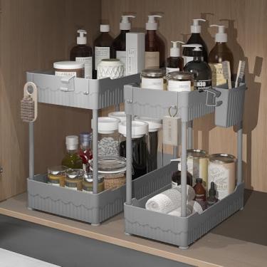 Imagem de Sevenblue Pacote com 2 organizadores embaixo da pia, organizador de armário sob o banheiro com ganchos, prateleira de armazenamento multiuso para cozinha, banheiro (cinza, G)