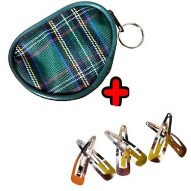 Imagem de Kit Presilha Tic Tac de Cabelo Tamanho Grande Metal Dourado 3 pares + 1 Porta Niquel Moeda Xadrez Coração Verde Luxo