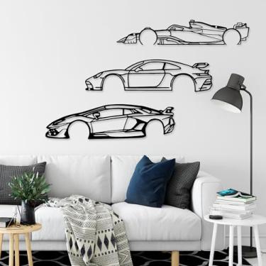 Imagem de Xedatric Conjunto de 3 arte de parede de carro silhueta de corrida de metal decoração de parede de carro decoração de parede interior quarto casa carro decoração de parede presente para amantes de